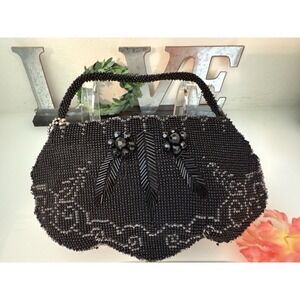 Elegant Vtg Beaded 7"X4" Dance Purse w Dance Strap Czechoslovakia Black Zip EUC